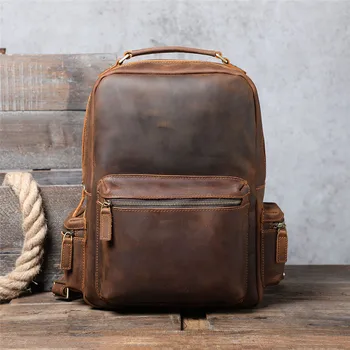 Vintage çılgın at ınek derisi erkek sırt çantası rahat basit seyahat organizatör hakiki deri büyük kapasiteli kadın laptop sırt çantası