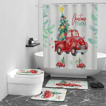 Merry Christmas 3D Baskılı Banyo Seti Birlikte Duş Perdesi Halı Seti Banyo Paspasları Kilim Tuvalet Dekor Mat 01