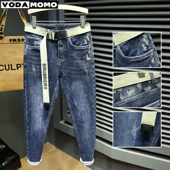 Moda Tasarımcısı Erkek Kot Retro Streç Slim Fit Boyalı Yırtık Kot Erkekler Kore Tarzı Vintage günlük kot pantolon Hombre