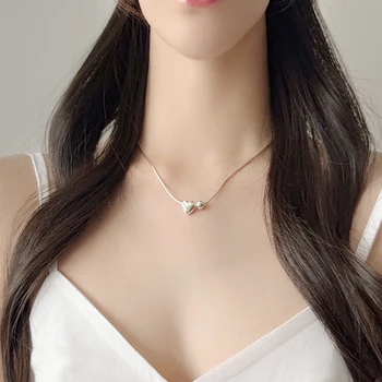 Amaiyllis 925 Ayar Gümüş Minimalist Kalp Boncuk Yılan Kemik Kolye Basit K-pop Kalp Klavikula Zincir Kolye Takı