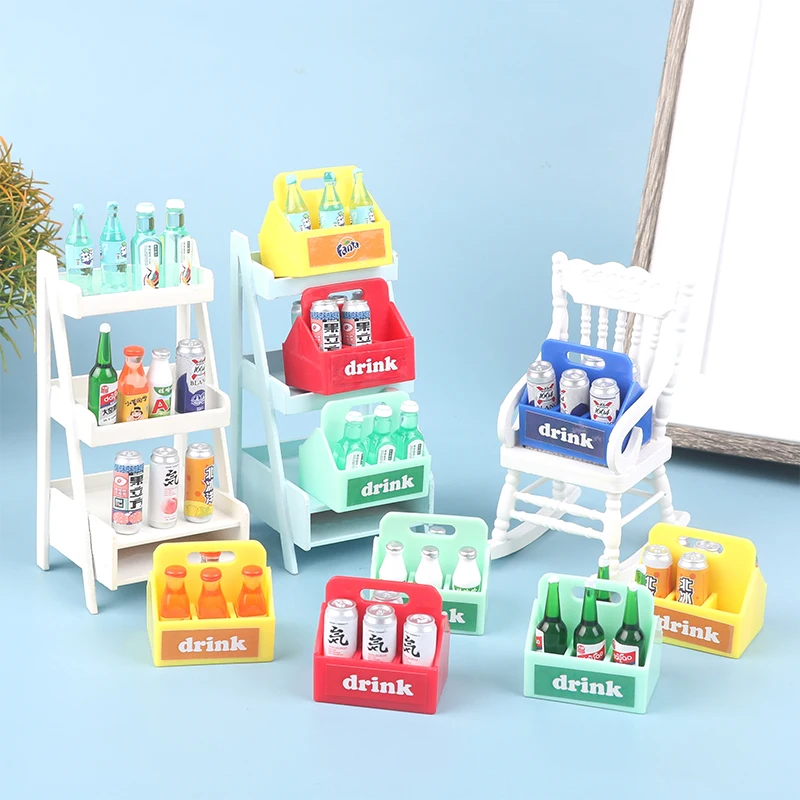 Dollhouse İçecek Bira sepet seti Dollhouse Minyatür Gıda Mini Soda Sprite Şişeleri Kova İçecekler Modüler Mutfak Bebek Evi - 0
