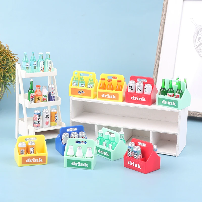 Dollhouse İçecek Bira sepet seti Dollhouse Minyatür Gıda Mini Soda Sprite Şişeleri Kova İçecekler Modüler Mutfak Bebek Evi - 1