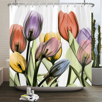 Lale Gül Çiçek Tarzı Duş Perdeleri Kanca ile Çiçek Yaratıcı Baskı Banyo Perdeleri Su Geçirmez Polyester banyo perdesi