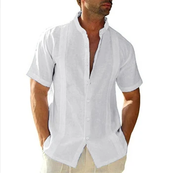 Erkek Keten Gömlek Kısa Kollu Gömlek Düğme Aşağı Pamuk Yaz Casual Gevşek Fit Henley Gömlek Tops