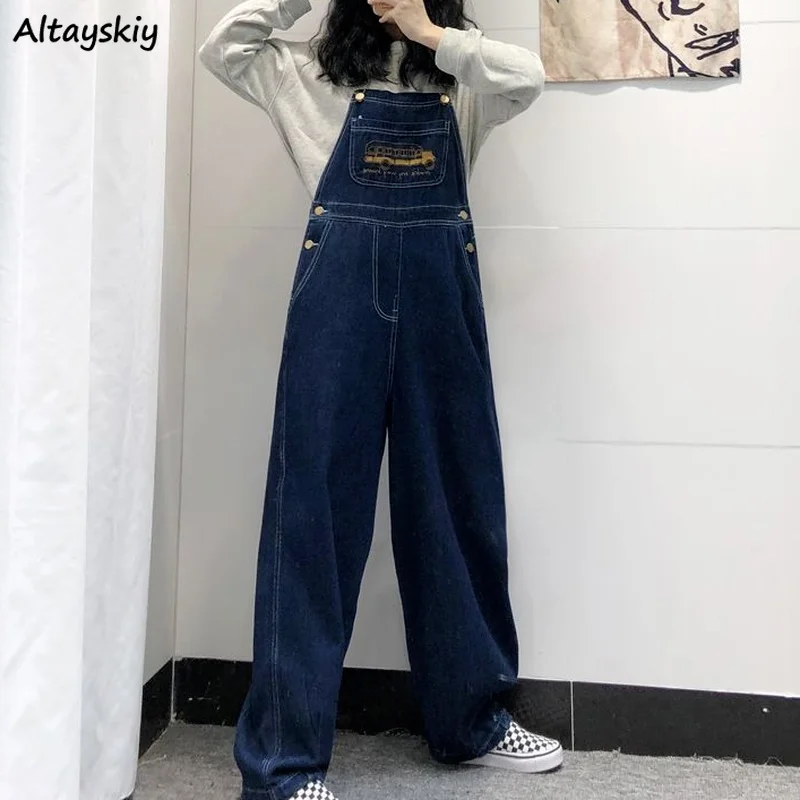 Nakış Denim Tulumlar Kadınlar Tasarım Geniş bacak Jartiyer Pantolon Tüm Maç Kore Moda Yüksek Sokak Harajuku Tulum Şık - 0