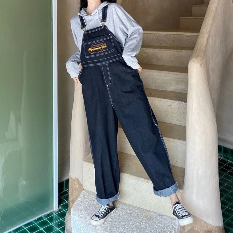 Nakış Denim Tulumlar Kadınlar Tasarım Geniş bacak Jartiyer Pantolon Tüm Maç Kore Moda Yüksek Sokak Harajuku Tulum Şık - 1
