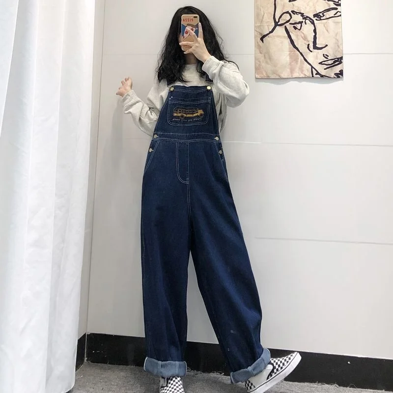 Nakış Denim Tulumlar Kadınlar Tasarım Geniş bacak Jartiyer Pantolon Tüm Maç Kore Moda Yüksek Sokak Harajuku Tulum Şık - 2