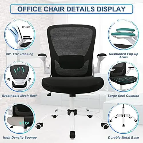 Ofis koltuğu, Ergonomik Beyaz Masa Sandalye Ayarlanabilir Örgü bilgisayar sandalyesi Bel Desteği ve Büyük Koltuk Flip UP Kol Dayama Swiv - 3