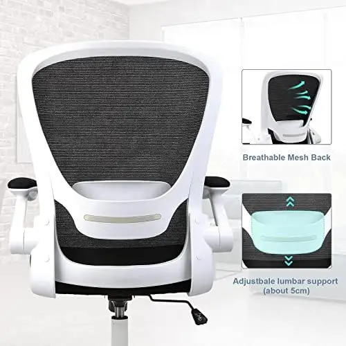 Ofis koltuğu, Ergonomik Beyaz Masa Sandalye Ayarlanabilir Örgü bilgisayar sandalyesi Bel Desteği ve Büyük Koltuk Flip UP Kol Dayama Swiv - 4