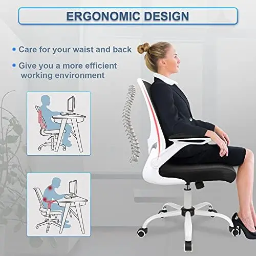 Ofis koltuğu, Ergonomik Beyaz Masa Sandalye Ayarlanabilir Örgü bilgisayar sandalyesi Bel Desteği ve Büyük Koltuk Flip UP Kol Dayama Swiv - 5