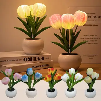 LED Lale Gece Lambası Yatak Odası Simülasyon Seramik Vazo Masa Gece Lambası yapay çiçek Masaüstü Hediye Ev Düğün Dekor