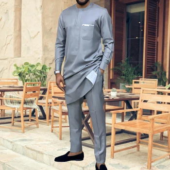 Erkek Takım Elbise 2 Adet Set Baskılı Ve Cepler Uzun Kollu Üst Gömlek Pantolon Kıyafetler Afrika Rahat Etnik Tarzı Tasarımcı Erkek Giyim