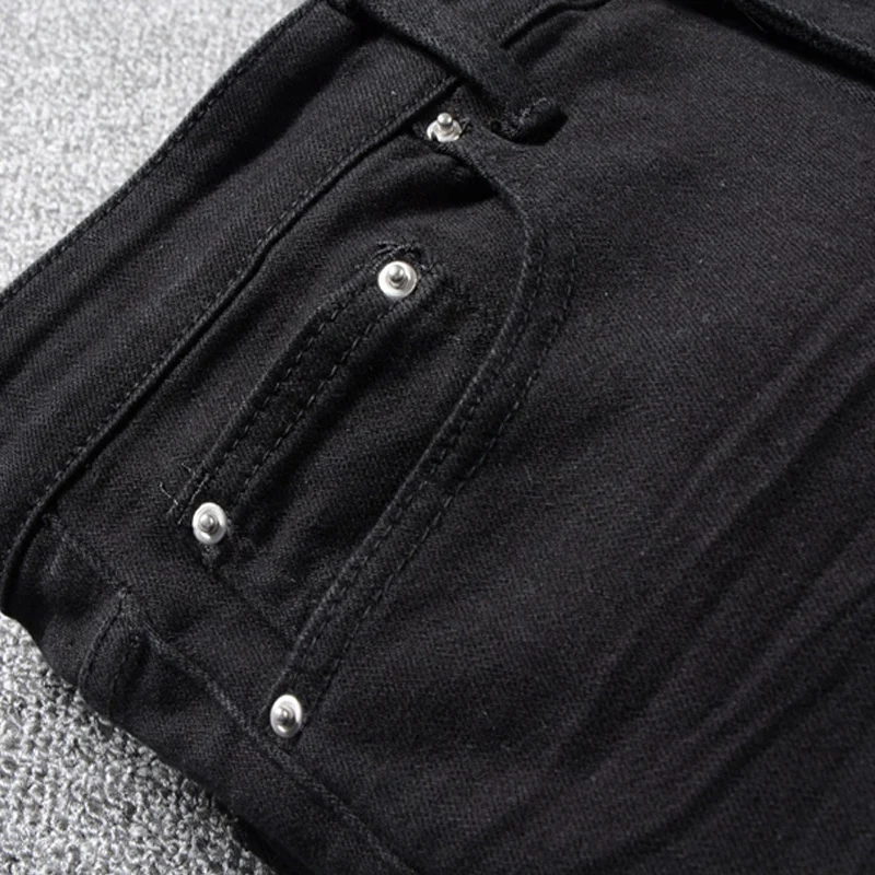 Sokak Moda Erkek Kot Siyah Streç Pantolon Elastik Skinny Fit Yırtık Kot Erkekler Yamalı Tasarımcı Hip Hop Marka Pantolon Hombre - 5