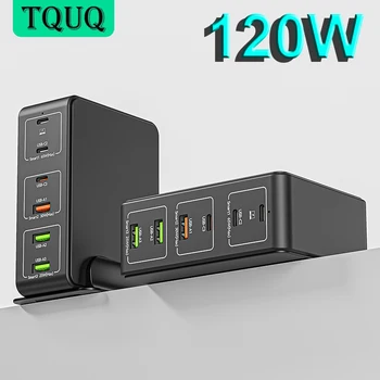 TQUQ 120W 6 Port USB C Şarj İstasyonu 3 USB-C ve 4 USB-A taşınabilir duvar şarj cihazı Laptop Güç PD 65W 30W Adaptörü Hızlı Şarj Cihazı