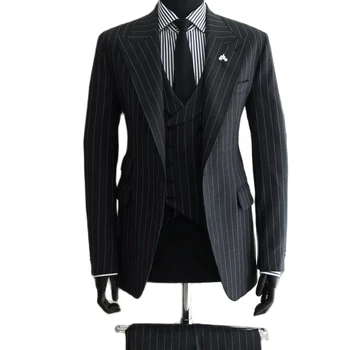 Resmi Erkek Takım Elbise Slim Fit 3 Parça Siyah Çizgili Blazer Setleri İş Düğün Damat Sağdıç Tam Giyim Büyük Ve Uzun Boylu Kıyafetler
