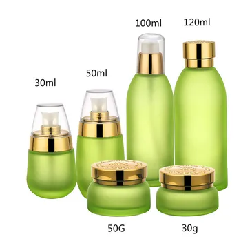20 adet yeşil cam fırçalama emülsiyon uçucu yağ şişesi 30 50g krem kavanoz kozmetik ambalaj boş konteyner seti Altın gümüş kapak