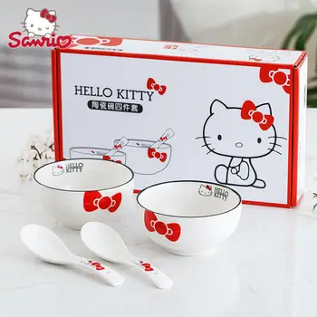 Hello Kitty Basit Kase Kaşık 4 Parça Set Hediye Sofra Sofra Hediye Kutusu Sevimli Bayan Seti Seramik Yay