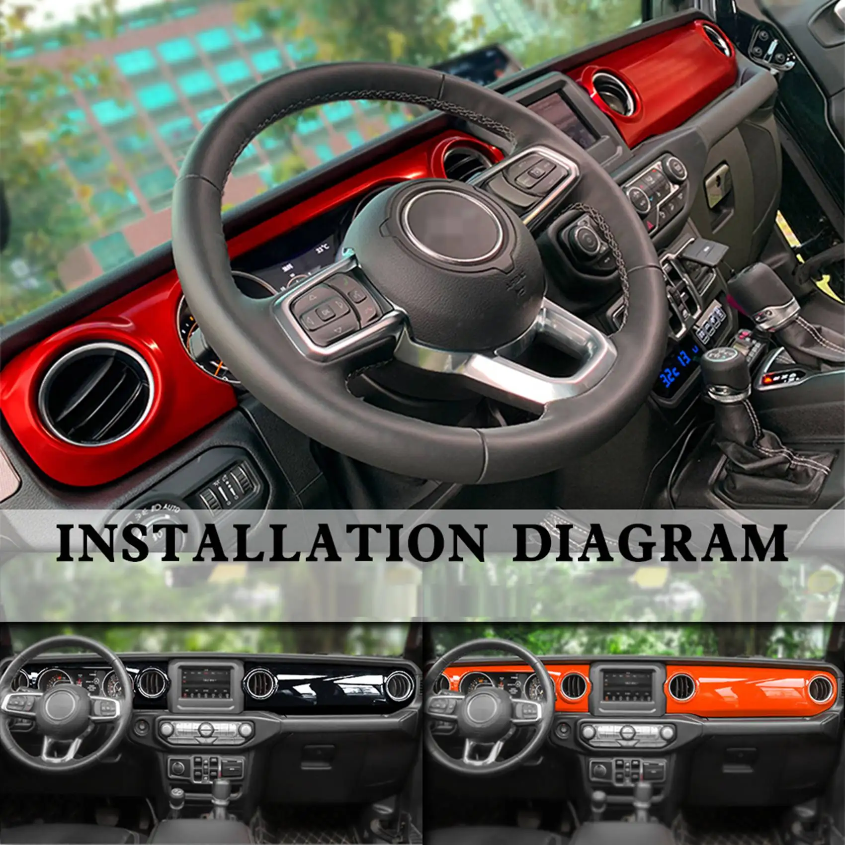 3 Adet Merkezi Konsol Dashboard Kontrol Paneli Vites Kapağı Trim-Jeep Wrangler JL JLU Gladyatör Karbon Fiber Kırmızı - 3