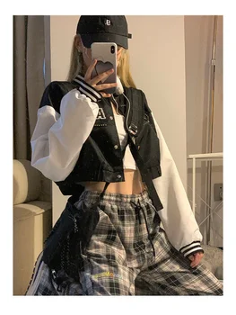 HOUZHOU Kırpılmış Bombacı Ceket Kadın Kore Moda Hip Hop Mektup Beyzbol Ceket Kadın Boy Kpop Harajuku Düğme Ceket