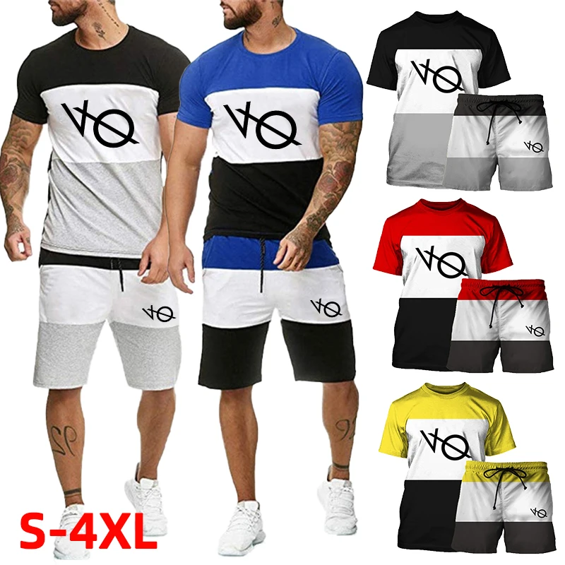 Yaz Moda erkek Renk Eşleştirme Kısa Kollu Üst gündelik spor giyim baskılı tişört + Şort İki parçalı Set koşu elbisesi - 0