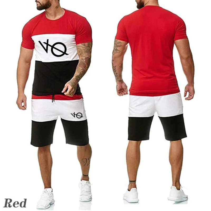 Yaz Moda erkek Renk Eşleştirme Kısa Kollu Üst gündelik spor giyim baskılı tişört + Şort İki parçalı Set koşu elbisesi - 2