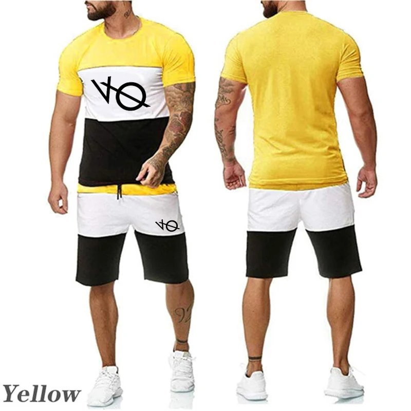 Yaz Moda erkek Renk Eşleştirme Kısa Kollu Üst gündelik spor giyim baskılı tişört + Şort İki parçalı Set koşu elbisesi - 3