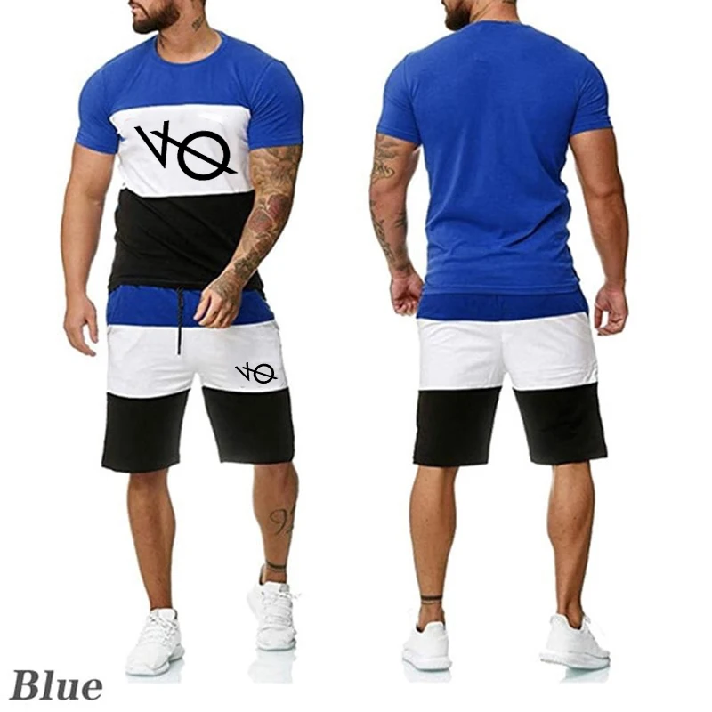 Yaz Moda erkek Renk Eşleştirme Kısa Kollu Üst gündelik spor giyim baskılı tişört + Şort İki parçalı Set koşu elbisesi - 5