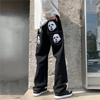 Hip Hop Baskılı Kot Erkekler Baggy Siyah Denim Pantolon Düz Pantolon Bahar Moda Kore Streetwear Erkek Dipleri Y2K Giysileri