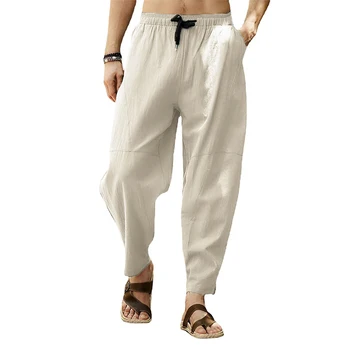 Erkek Pamuk Keten İpli Fener Tayt Pantolon Joggers Rahat Elastik Bel Gevşek Yoga harem pantolon Düz erkek pantolonları