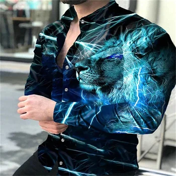 2023 moda erkek gömleği rahat açık yıldırım mavi aslan tasarımcı tasarım yüksek kaliteli yumuşak ve rahat malzeme 2023 yeni