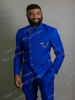 JELTONEWİN Afrika resmi takım elbiseler Kraliyet Mavi Blazer Pantolon Damat Smokin Sağdıç Yüksek Kalite Erkek düğün elbisesi Balo Erkek Giyim
