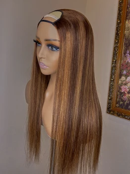 Vurgulamak Sarışın 24 inç İpeksi Düz U Parçası Peruk Avrupa Remy İnsan Saçı Uzun Tutkalsız Yahudi Yumuşak Peruk Siyah Kadınlar İçin Günlük