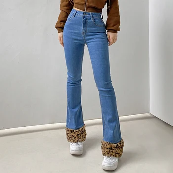 Moda Patchwork Leopar Baskı Kot Bayanlar Retro Y2K Rahat Estetik Streetwear Denim Pantolon Düşük Bel İnce Alevlendi Pantolon