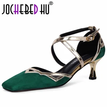 【JOCHEBED HU】 Zarif Kadın Ayakkabı Yaz Gladyatör Sandalet Koyun Süet Bahar Ayakkabı Kadın Kare Kapalı Ayak Vintage ayakkabı Topuk