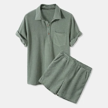 Yaz Rahat Kısa Kollu Yaka cepli gömlek Pantolon Takım Elbise 2023 Erkek Eşofman Erkek Giyim Katı İki Parçalı Şort Setleri