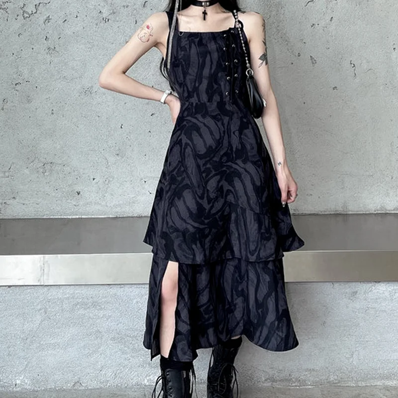 Yaz kadın Elbise Tasarım Duygusu Harajuku Jartiyer Kore Versiyonu Y2k Siyah Retro Batik Orta uzunlukta Harajuku Bölünmüş Vestidos - 0