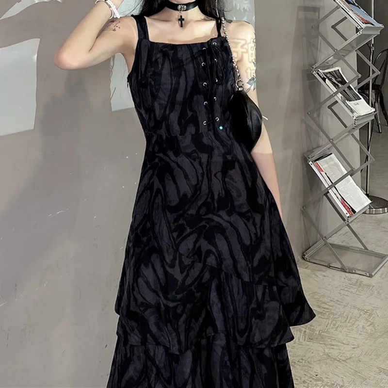 Yaz kadın Elbise Tasarım Duygusu Harajuku Jartiyer Kore Versiyonu Y2k Siyah Retro Batik Orta uzunlukta Harajuku Bölünmüş Vestidos - 1