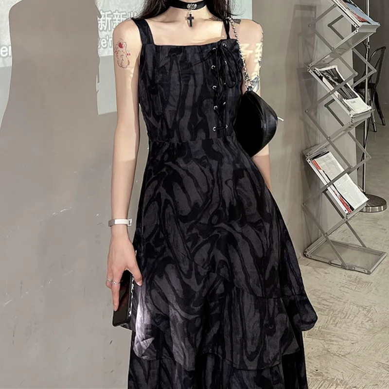 Yaz kadın Elbise Tasarım Duygusu Harajuku Jartiyer Kore Versiyonu Y2k Siyah Retro Batik Orta uzunlukta Harajuku Bölünmüş Vestidos - 2