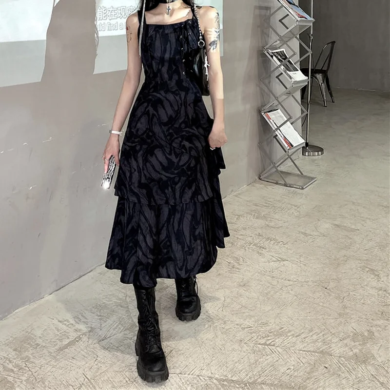 Yaz kadın Elbise Tasarım Duygusu Harajuku Jartiyer Kore Versiyonu Y2k Siyah Retro Batik Orta uzunlukta Harajuku Bölünmüş Vestidos - 3