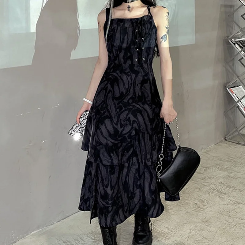 Yaz kadın Elbise Tasarım Duygusu Harajuku Jartiyer Kore Versiyonu Y2k Siyah Retro Batik Orta uzunlukta Harajuku Bölünmüş Vestidos - 4