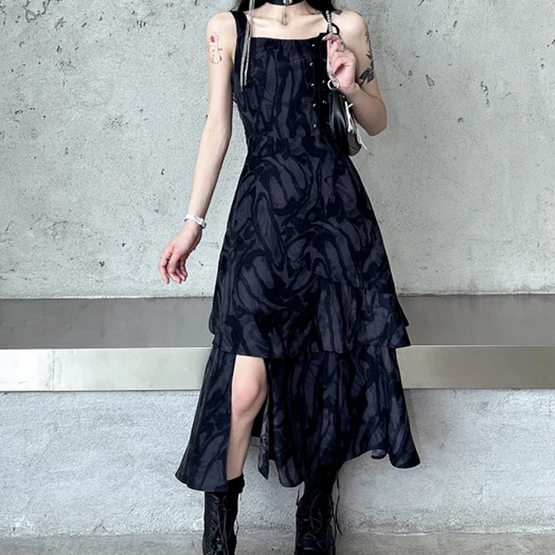 Yaz kadın Elbise Tasarım Duygusu Harajuku Jartiyer Kore Versiyonu Y2k Siyah Retro Batik Orta uzunlukta Harajuku Bölünmüş Vestidos - 5