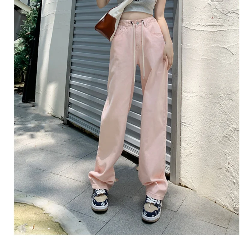 Kadın Dipleri Vintage Pembe Yüksek Bel Kot Rahat Düz Geniş Bacak Pantolon Yüksek Sokak Baggy Mop Denim Pantolon Bayanlar Yaz - 0