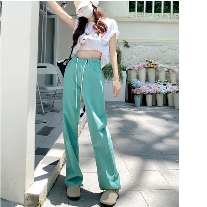 Kadın Dipleri Vintage Pembe Yüksek Bel Kot Rahat Düz Geniş Bacak Pantolon Yüksek Sokak Baggy Mop Denim Pantolon Bayanlar Yaz - 4