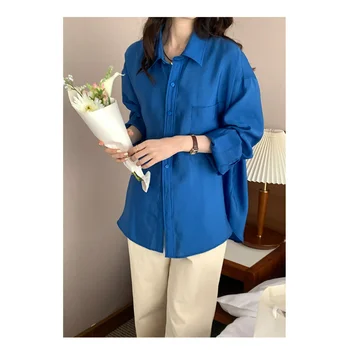 Mavi Lyocell Bluzlar Kadın Sonbahar Gömlek Niş Gevşek Rahat uzun kollu üst Kadın Cep Nefes Katı Dopamin Giysileri