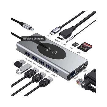 13 İN 1 USB C HUB Tipi c Adaptörü USB C HD MI uyumlu 3.5 mm Ses SD TF VGA RJ45 USB3.0 Yerleştirme istasyonu MacBook Pro için