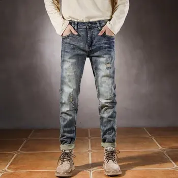 Moda Kore Yıkama erkek Vintage Kot Sonbahar / kış Yırtık İnce Kot Erkekler için/erkek günlük kot Streetwear Mükemmel Eşleşen 3XL