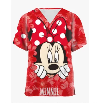 Kadın Üstleri Cepler ile V Boyun Disney Mickey Minnie Baskı Fırçalama Üniforma Hemşire kadın Kısa Kollu Gömlek Bayanlar Tulum