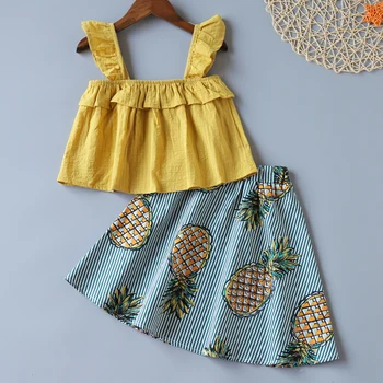 Yaz Takım Elbise Kız Set Üstü + Meyve Desen Etek 2 Adet Tatil Tarzı çocuk giyim Çocuk Giysileri Kız 3-7 Yıl