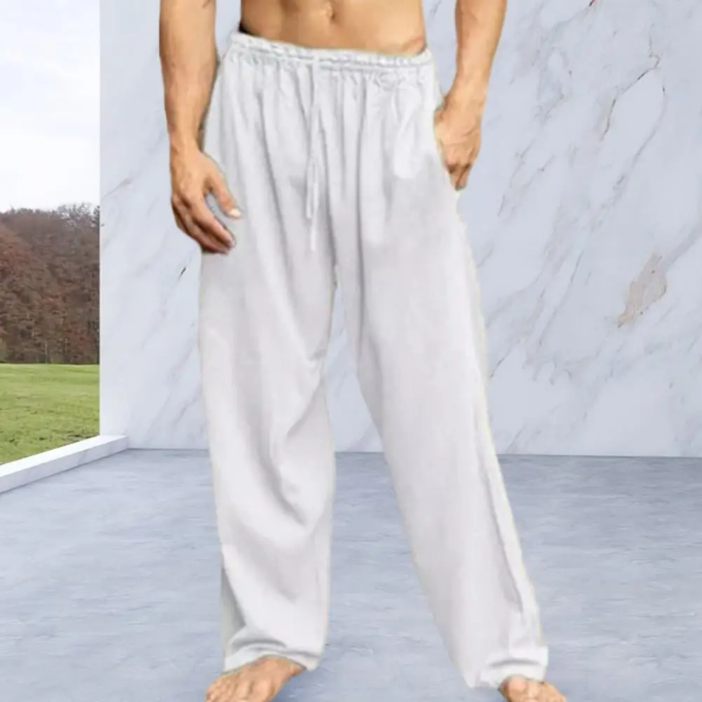 Erkek Pantolon İpli Elastik Bel Geniş Bacak Pantolon Düz Renk Derin Kasık Cepler Uzun Pantolon Ayarlanabilir Kemer Pantolon - 0