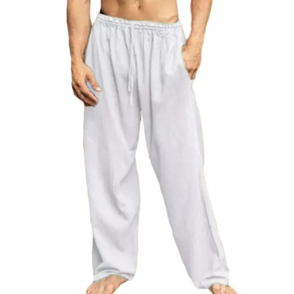 Erkek Pantolon İpli Elastik Bel Geniş Bacak Pantolon Düz Renk Derin Kasık Cepler Uzun Pantolon Ayarlanabilir Kemer Pantolon - 2